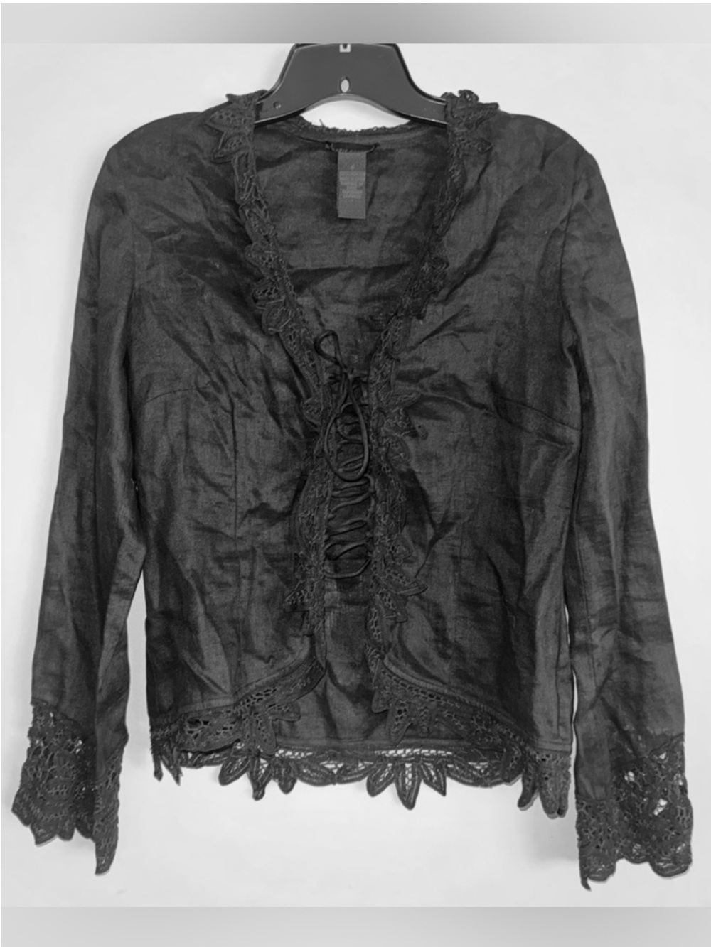 Debbie Shuchat Black 100% Linen Tie Front Lace Up Crochet Blouse 4 Whimsigoth